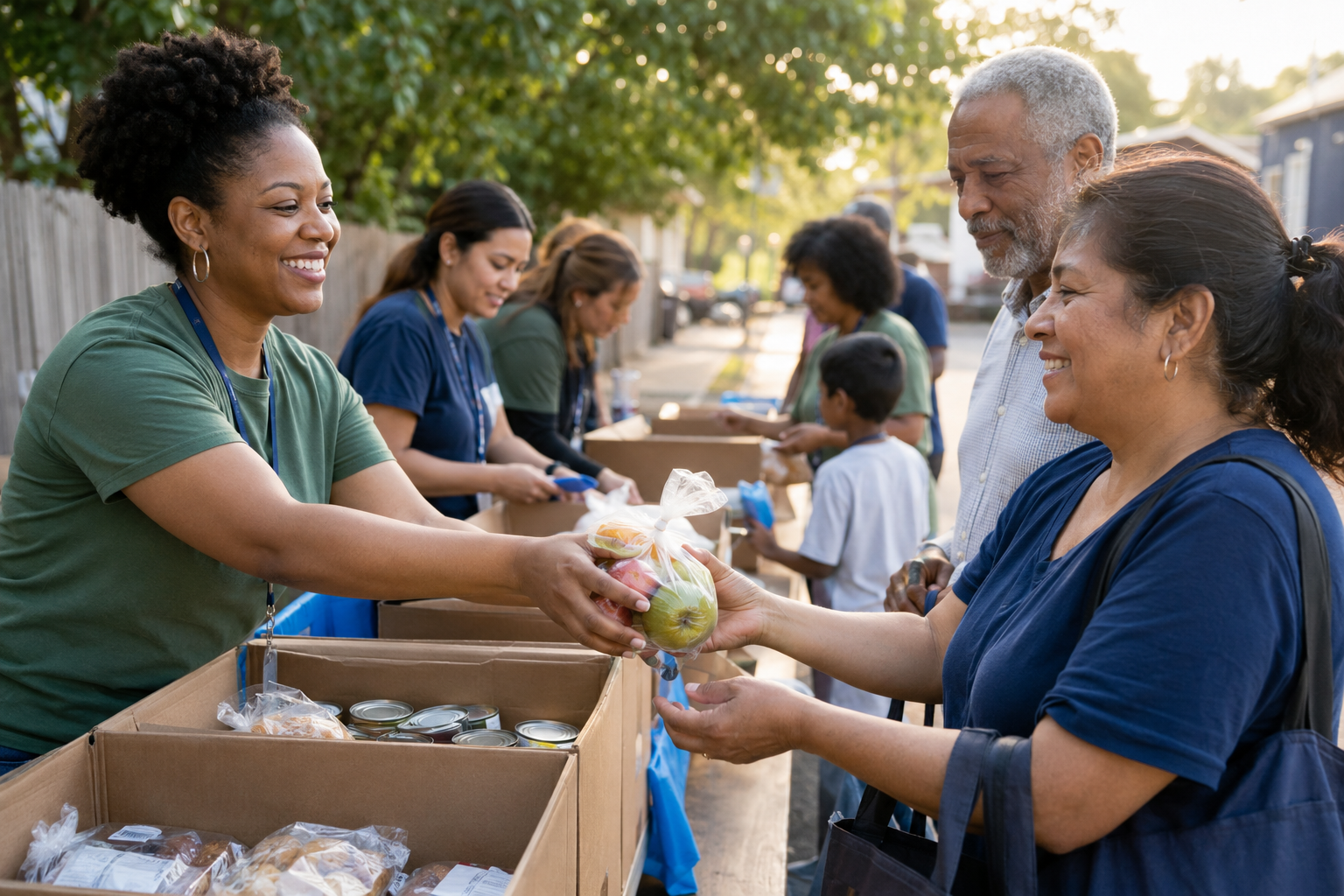 Volunteers distributing food and essential supplies to community members